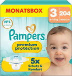 Pampers Premium Protection Size 3, Nappies x204, 6kg - 10kg, Our No.1 for Comfort & Protection for Sensitive Skin