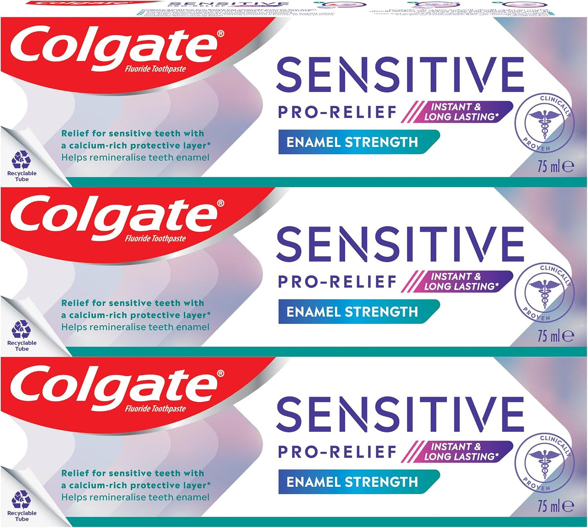Colgate Toothpaste Sensitive Pro Relief, Enamel Strength Toothpaste, Instant & Lasting Sensitivity Pain Relief, 3x75ml, 3 Pack — front product image