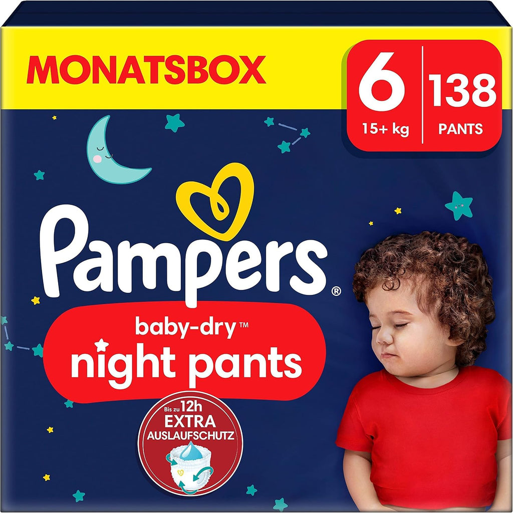 Pampers Night Nappies Pants Size 6 (15+kg) Baby-Dry, Monthly Box, Nappy Panties Provide Extra Protection for the All Night, 138 Nappies