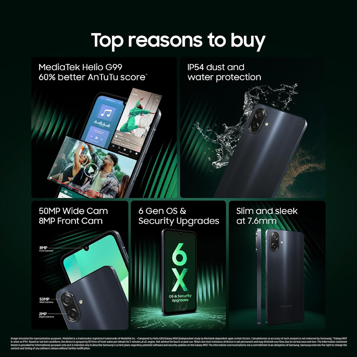 Samsung Galaxy M07 (Black, 4GB RAM, 64GB Storage) | MediaTek Helio G99 | IP54 Rating | 50MP Auto Focus Camera | 7.6mm Slim | 5000mAh Battery| 25W Fast Charging | 6 Gen of OS Upgrades | Without Charger