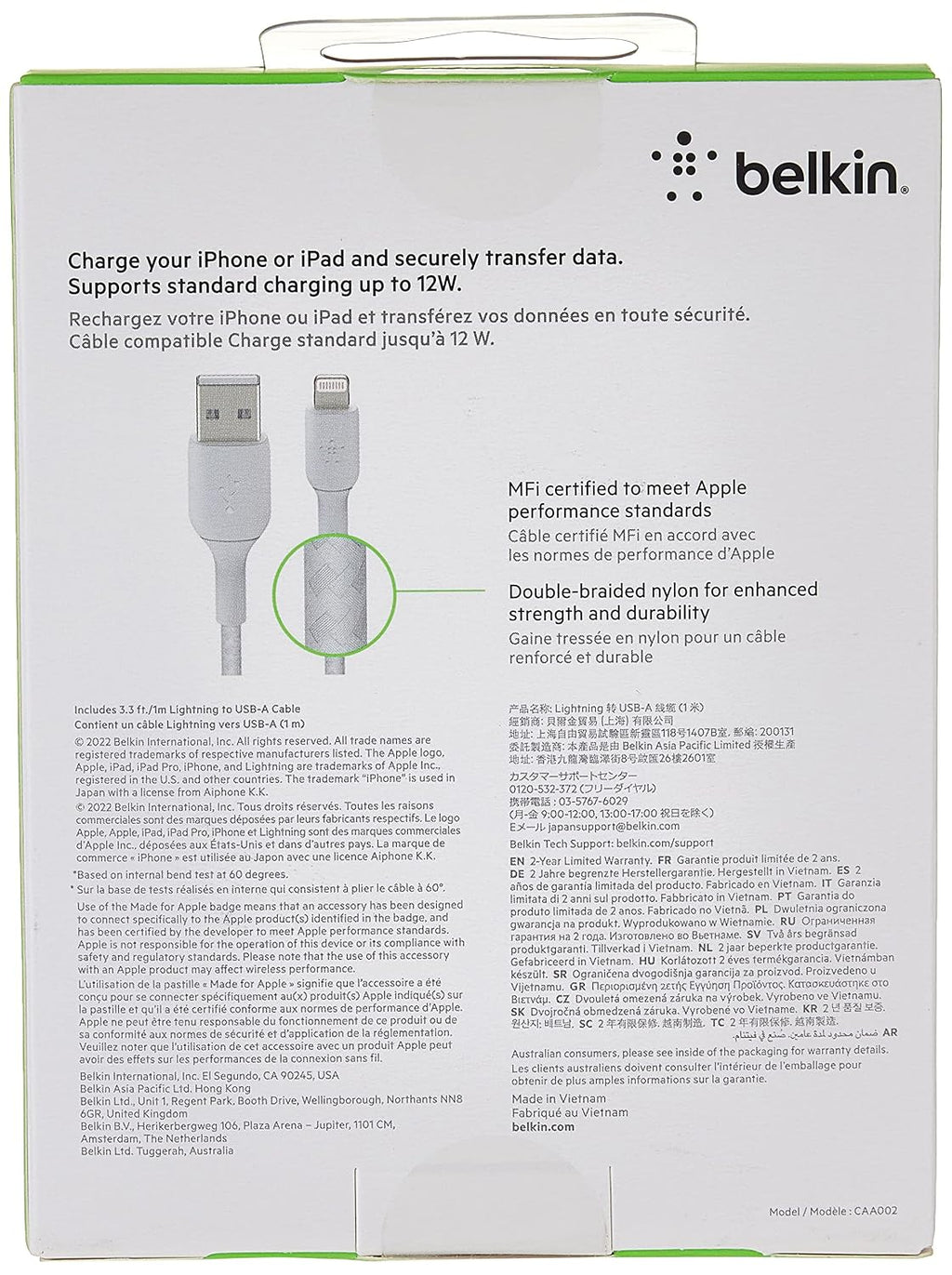 Belkin 1 Meter Cable Braided A to Lightning White (Pack of 2)