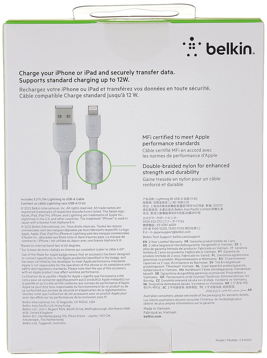 Belkin 1 Meter Cable Braided A to Lightning White (Pack of 2)