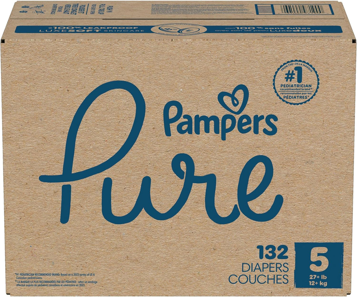 Pampers Diapers Size 5, 132 Count - Pure Protection Disposable Baby Diapers, Hypoallergenic and Unscented Protection (Packaging & Prints May Vary)