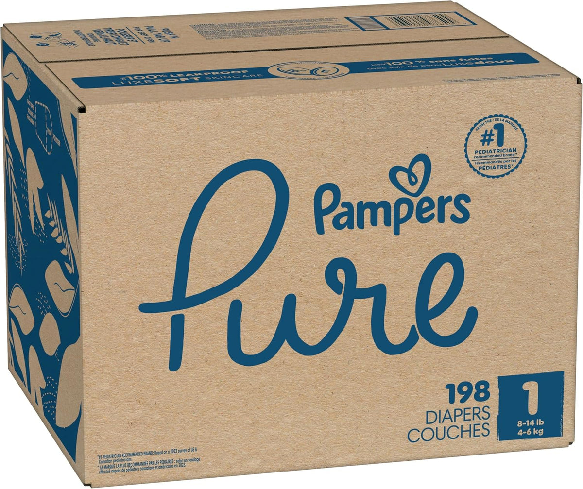 Pampers Diapers Size 1, 198 Count - Pure Protection Disposable Baby Diapers, Hypoallergenic and Unscented Protection, ONE Month Supply (Packaging May Vary)