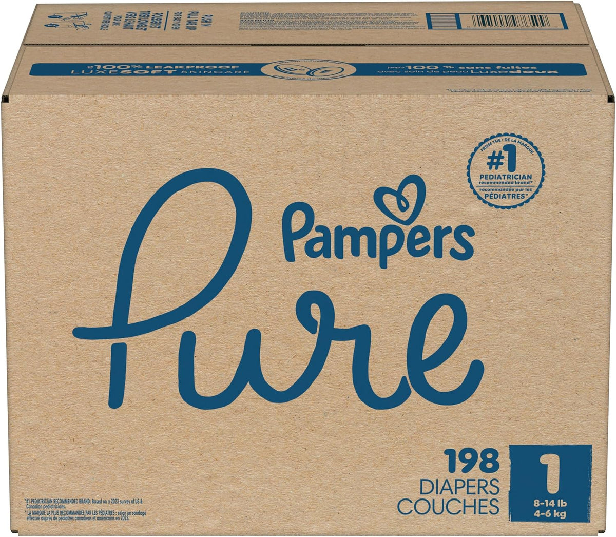 Pampers Diapers Size 1, 198 Count - Pure Protection Disposable Baby Diapers, Hypoallergenic and Unscented Protection, ONE Month Supply (Packaging May Vary)