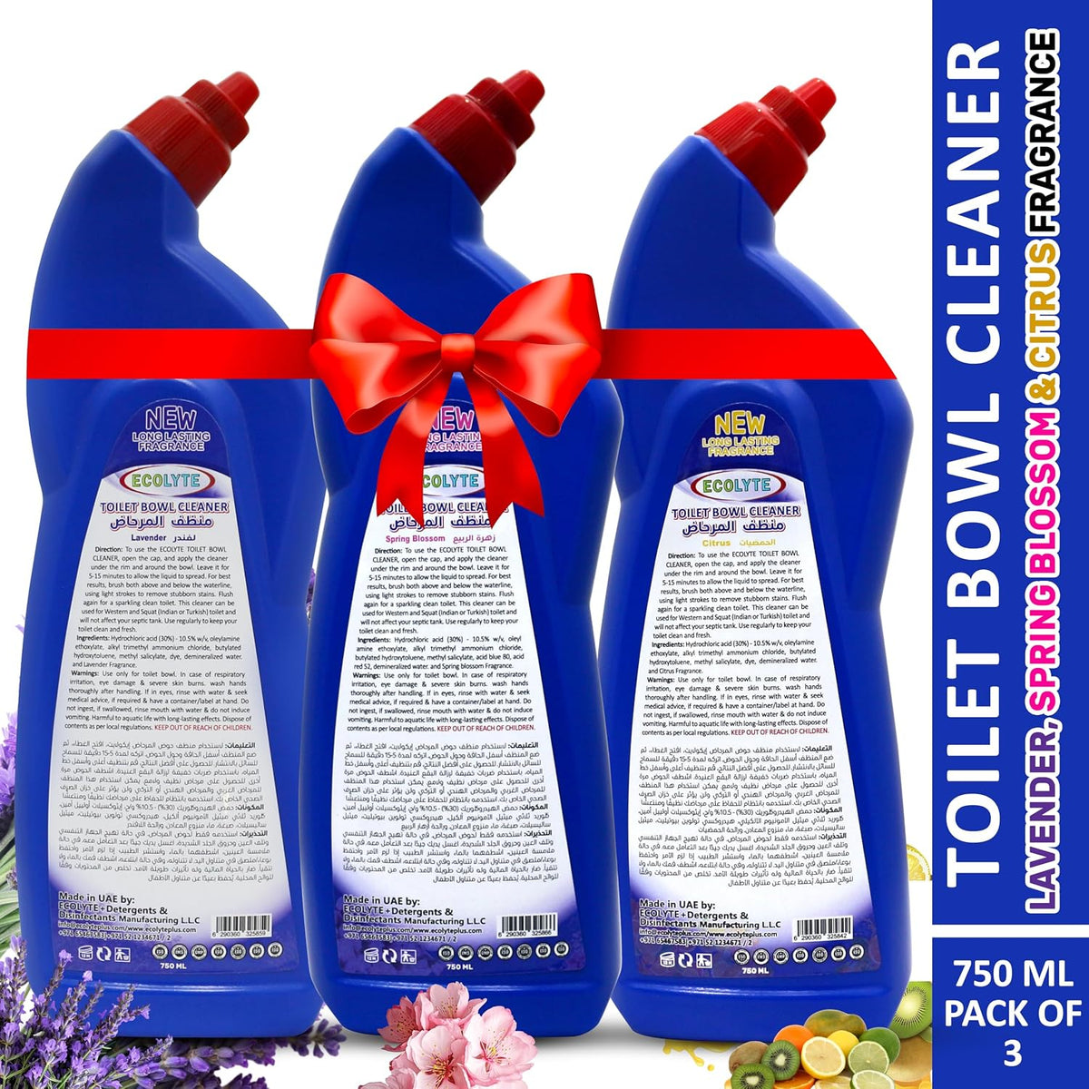 ECOLYTE+ Toilet Bowl Cleaner - Long Lasting Fragrance, Removes stains, lime & rust, leaves bowl cleaned & fresh, Kills 99.99% Germs & Bacteria [Spring Blossom, Lavender & Citrus] - (750 ml, Pack of 3) — additional view 2