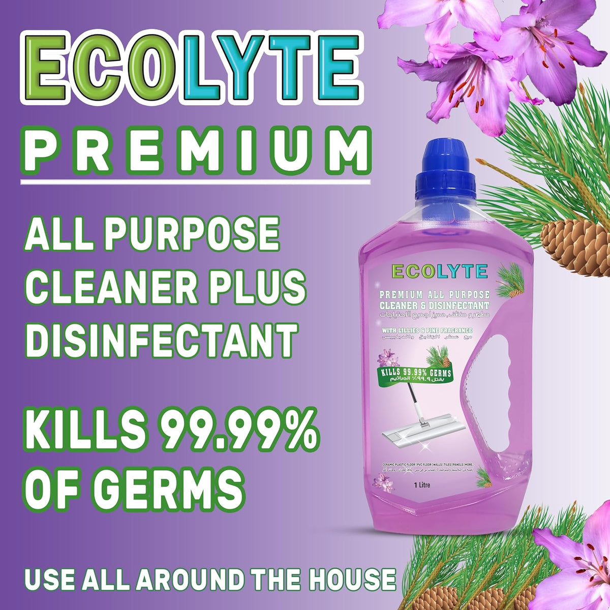 ECOLYTE+ Floor Cleaner, Premium All Purpose Cleaner Plus Disinfectant, for Hospital, Home, Office & Commercial Use for Dirt, Stains & Germs, Floor Cleaning (Lillies & Pine, 1 Liter) — additional view 4
