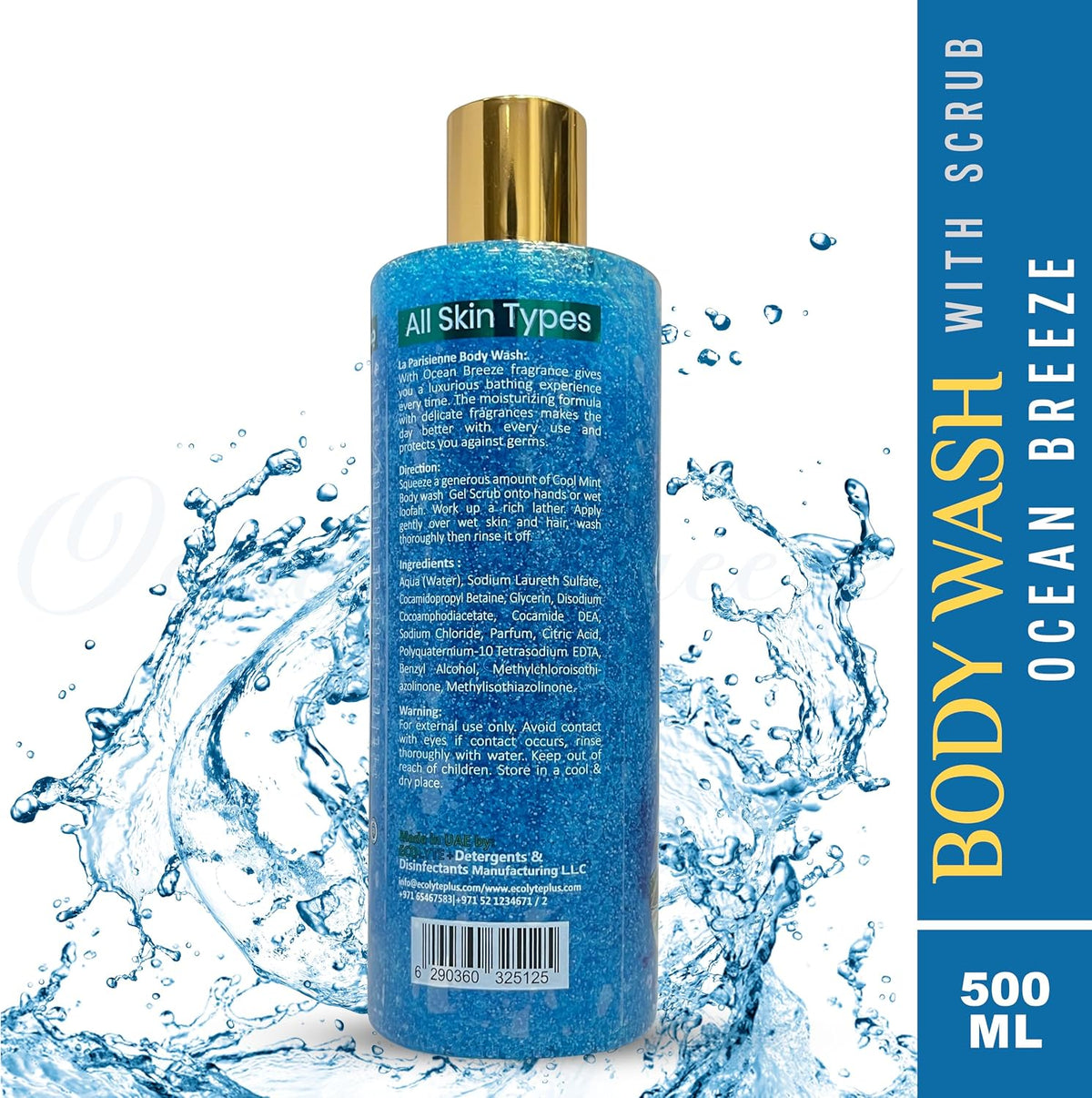 ECOLYTE+ Body Wash Scrub La Parisienne Premium, Good Cleansing, Women Men with Vitamin E, Moisturizing, Soft & Silky Skin, Germ Protection, 12 h lasting fragrance - (Ocean Breeze, 500 ml) — additional view 2