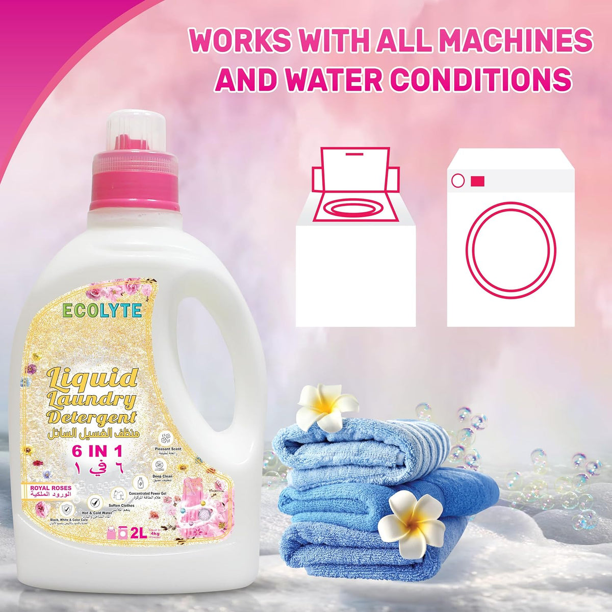 ECOLYTE+ Liquid Laundry Detergent for All Washing Machines, 6 in 1 Deep Clean Technology, Power Gel, Color Care, Perfect Cleanliness & Long-Lasting Freshness - (Royal Roses, 2 Liter) — additional view 4