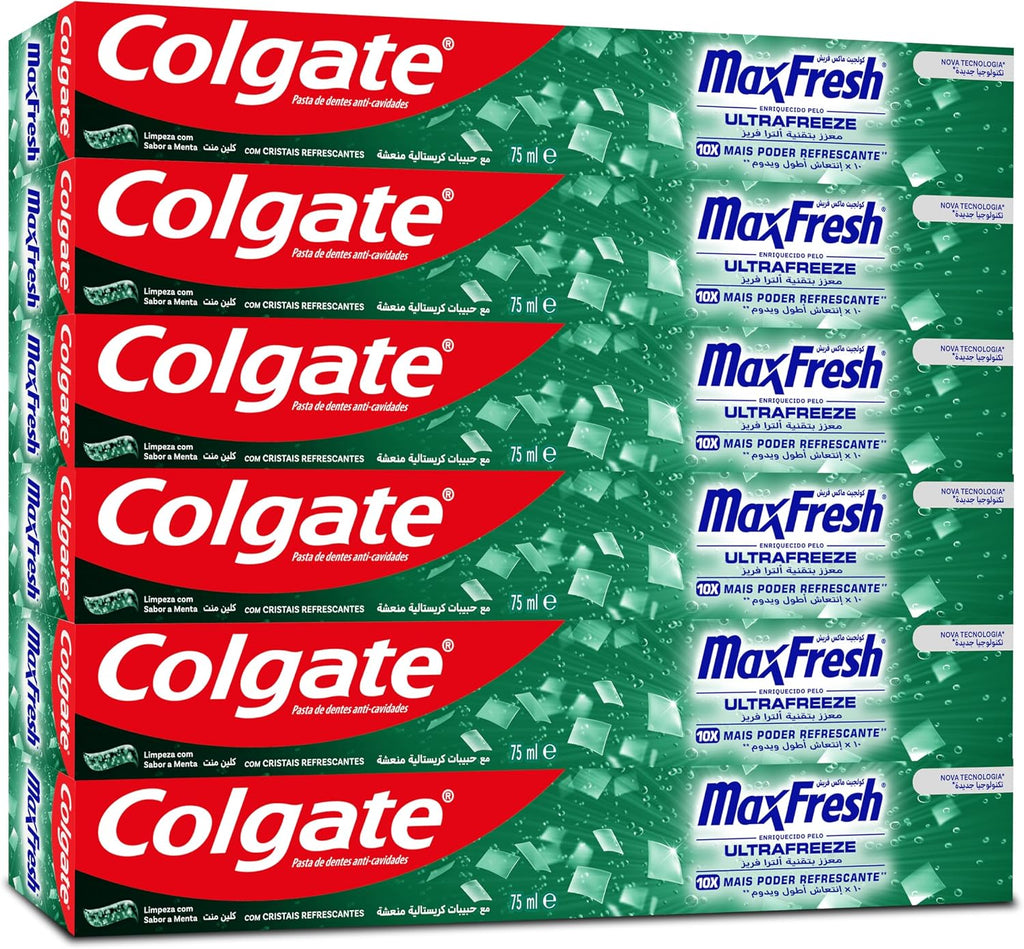 Colgate Toothpaste Max Fresh Clean Mint, Green Gel Toothpaste, With Cooling Crystals, 6x75 ml, 6 Pack — front product image