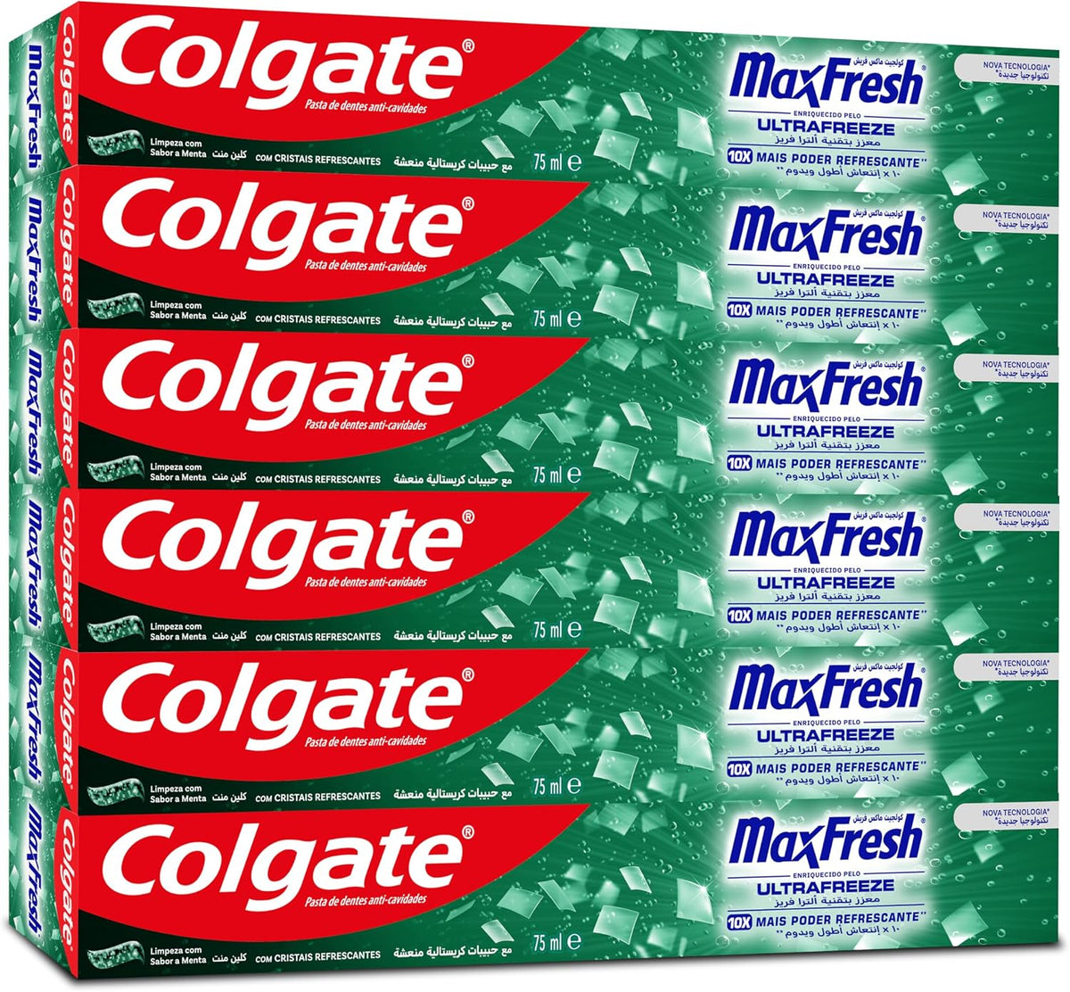 Colgate Toothpaste Max Fresh Clean Mint, Green Gel Toothpaste, With Cooling Crystals, 6x75 ml, 6 Pack — front product image