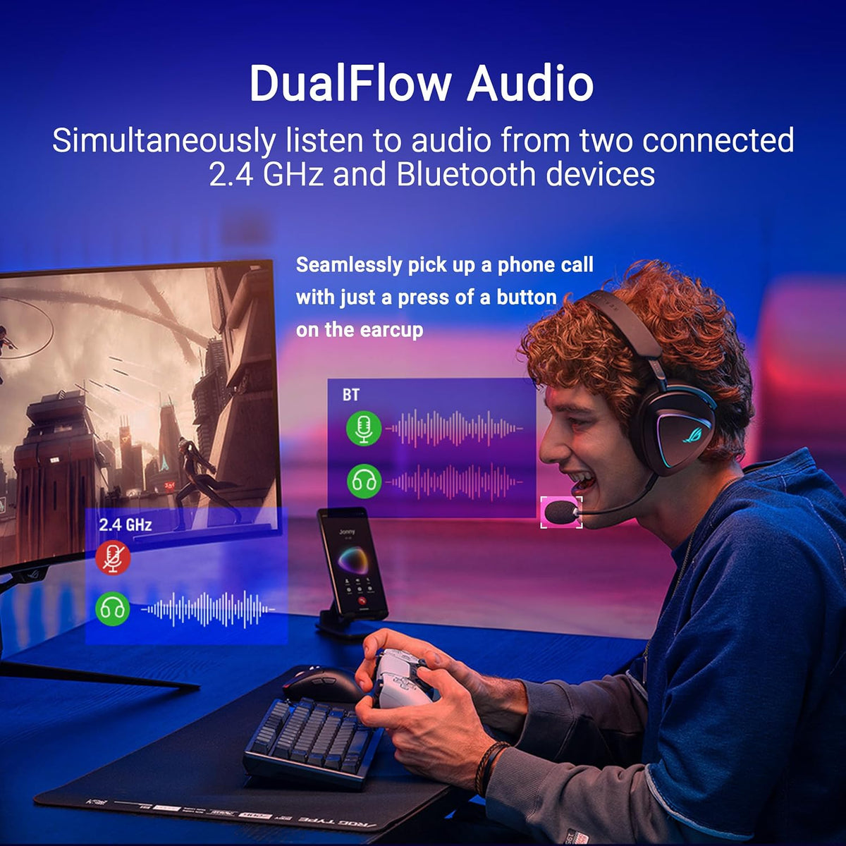 ASUS ROG Delta II Wireless Gaming Headset (50mm Titanium Drivers, ROG SpeedNova, 10mm Super-Wideband Mic, 110-HR Battery, DualFlow Audio, BT, 2.4GHz, 3.5mm, For PC, Switch, PS4, PS5, Xbox)- Black — product image 4