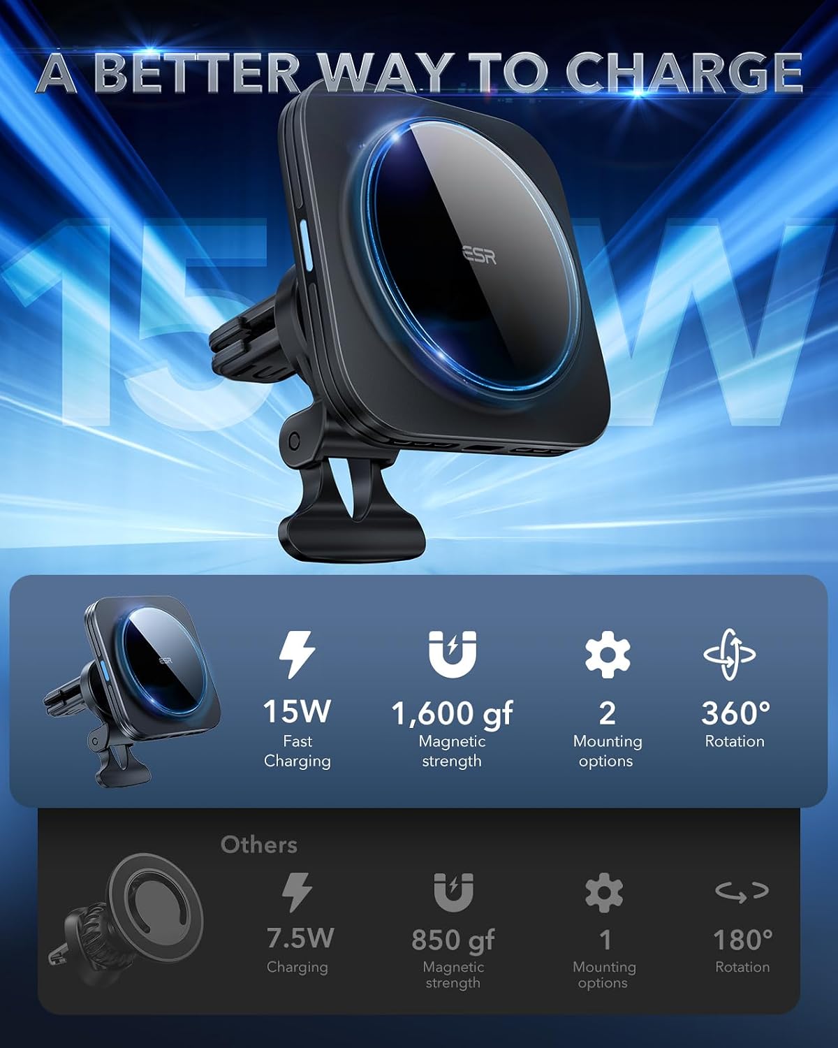 B08HNBHSQV | ESR for 15W MagSafe Car Mount Charger, Magnetic Wireless Car Charger | Standard Car Charger - Black | Image 2
