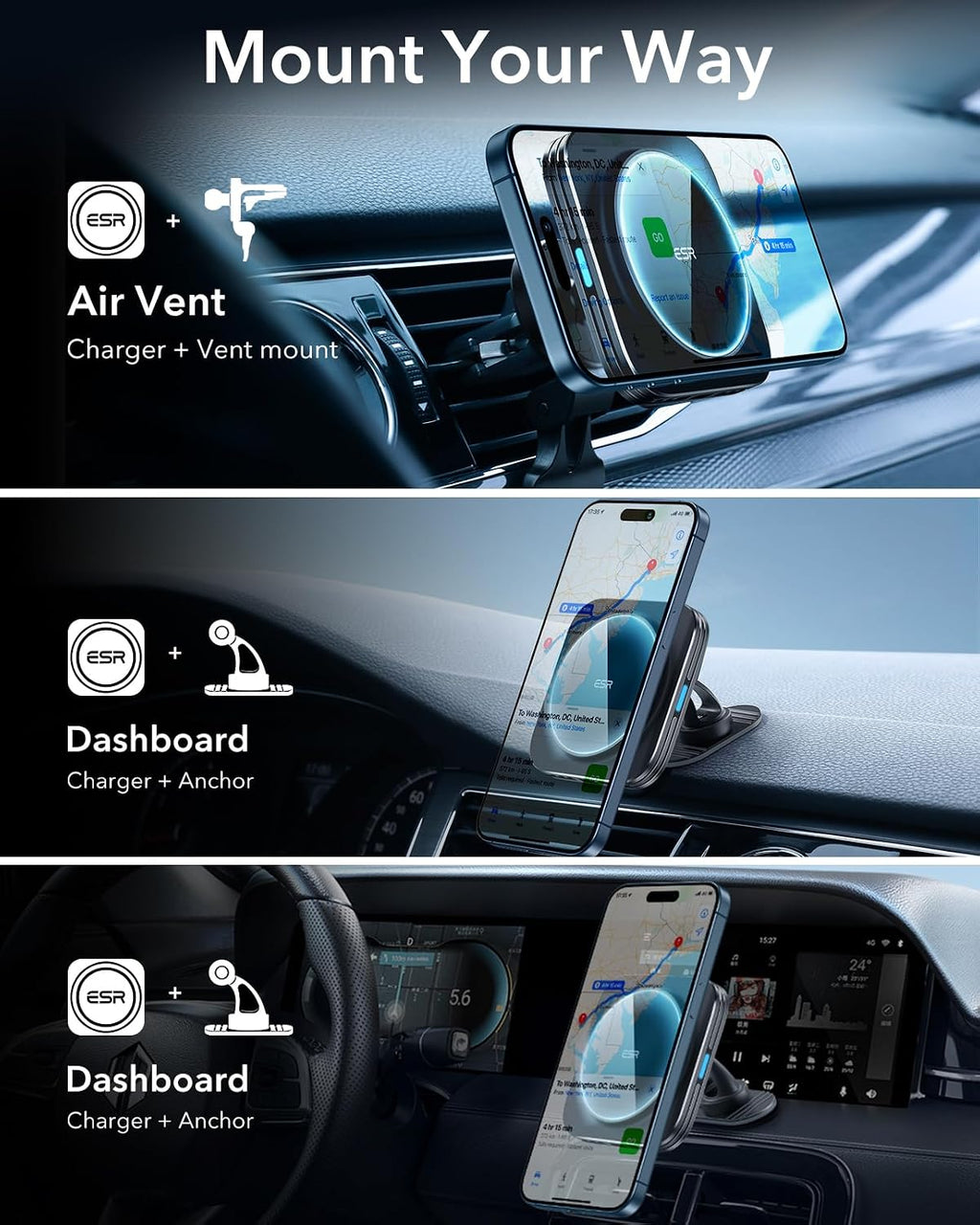 B0CM3DCWQY | ESR for 15W MagSafe Car Mount Charger, Magnetic Wireless Car Charger | 15W Car Charger-Black | Image 15