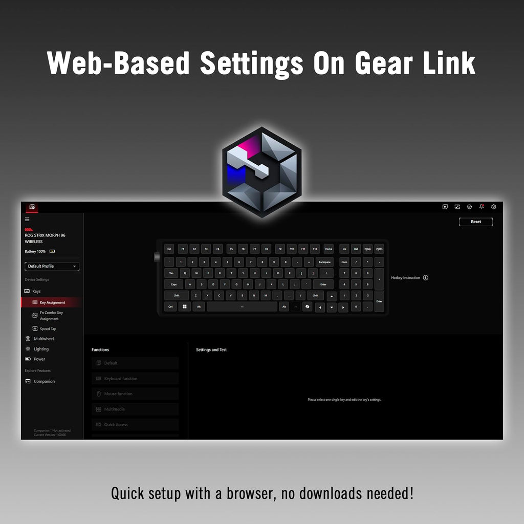 ASUS ROG Strix Morph 96 Wireless Gaming Mechanical Keyboard, Hot-Swappable ROG NX Snow V2 Switch, Bluetooth/2.4GHz/Wired, RGB, Gasket Mount, Custom Design, Mac Support, 96%, Arabic Layout, Black — product image 7