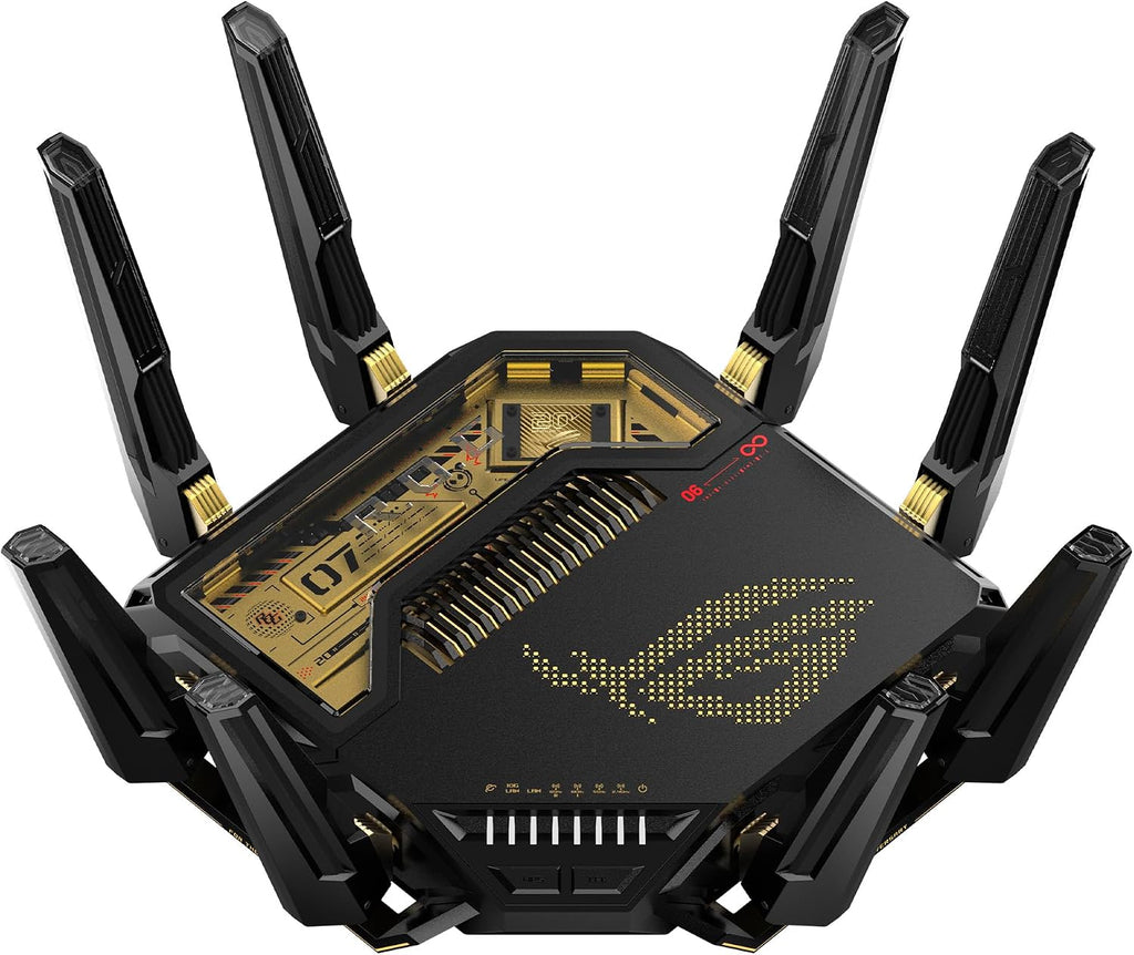 ASUS GT-BE98 20th Anniversary Edition Quad-Band WiFi 7 AiMesh Extendable Gaming Router (25Gbps, 320MHz, 4K-QAM, Dual 10G Ports, Quad 2.5G Ports, AiProtection, VPNs, 4G LTE/5G Mobile - Blackand Golden — product image 1
