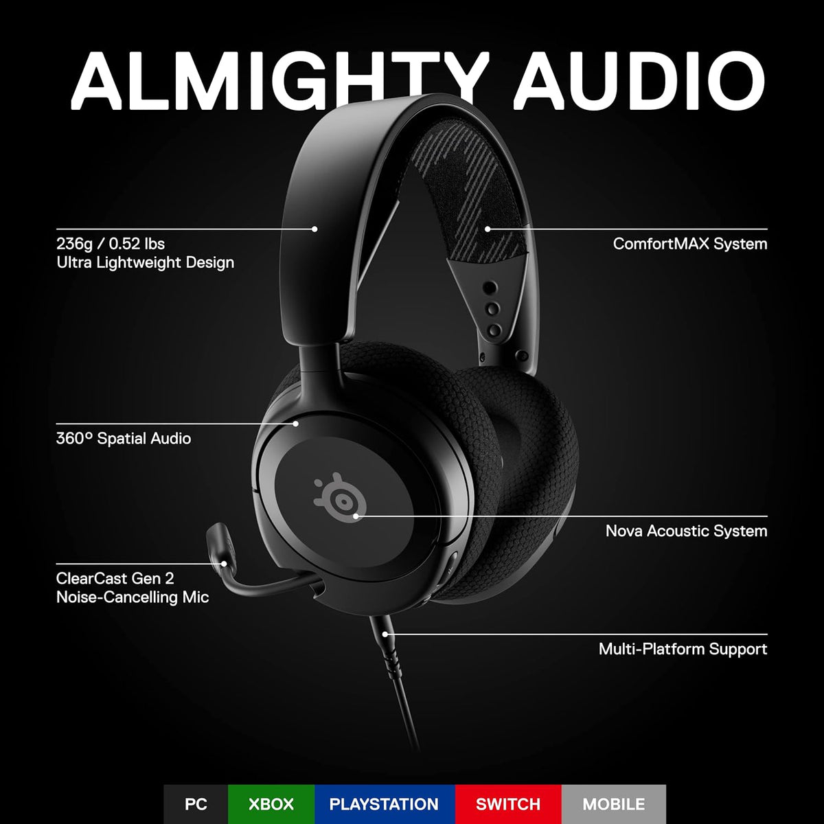 SteelSeries Arctis Nova 1 — Multi-System Gaming Headset — Hi-Fi Drivers — 360° Spatial Audio — AirWeave Memory Foam Ear Cushions — Ultra Lightweight — PC, PS5, PS4, Switch, Xbox - Black — product image 3