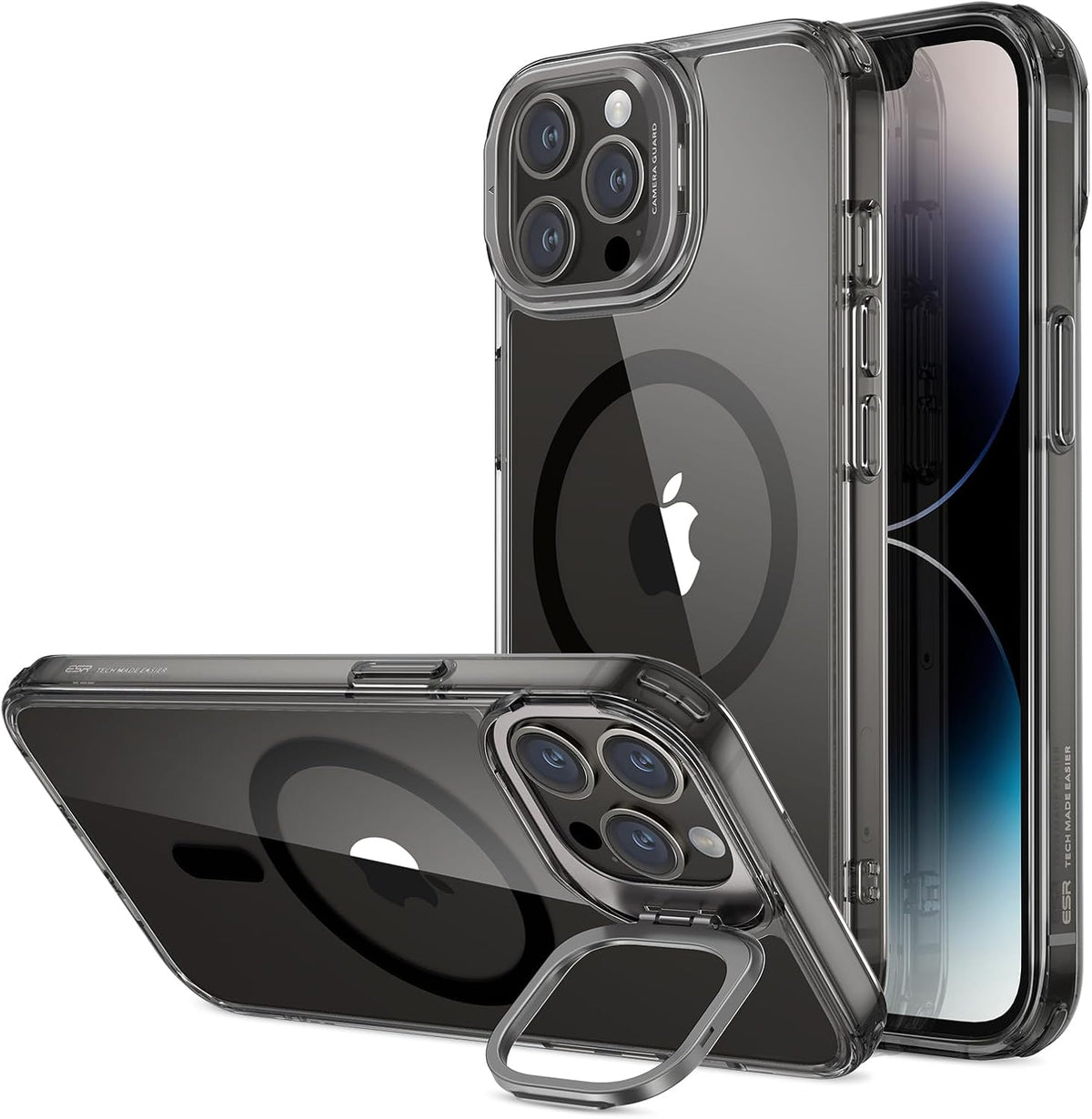 B0BGKBGBCT | ESR Magnetic Phone Case for iPhone 14 Pro Max, Compatible with MagSafe, Built-in Camera Ring Stand, Military-Grade Protection, Classic Kickstand Case (HaloLock),Clear Black | Default Title | Image 1
