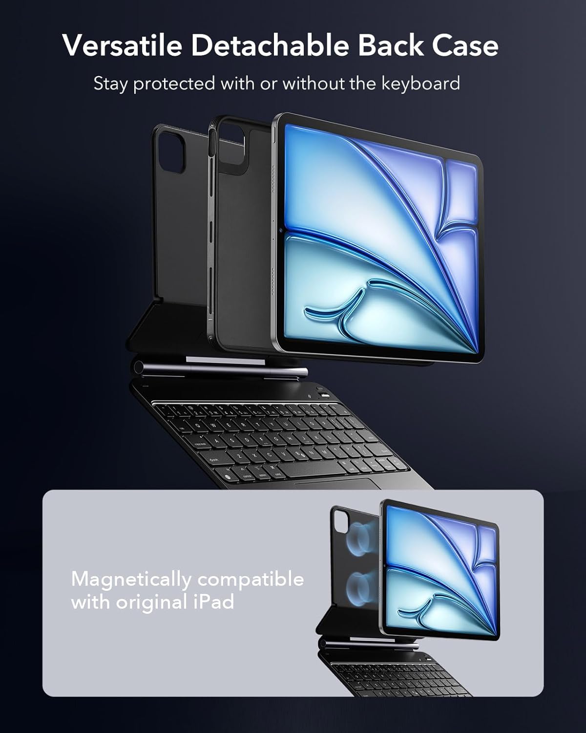 B0C246MHXK | ESR for iPad Air 11 Inch Case with Keyboard M4/M3/M2 (2026/2025/2024) & iPad Pro 11/Air 5th/4th Gen Keyboard, Easy-Set Magnetic Stand, Portrait/Raised Modes, with Removable Protective Case, Black | iPad Air 11" (2025/2024)/5/4, iPad Pro 11" | Image 4