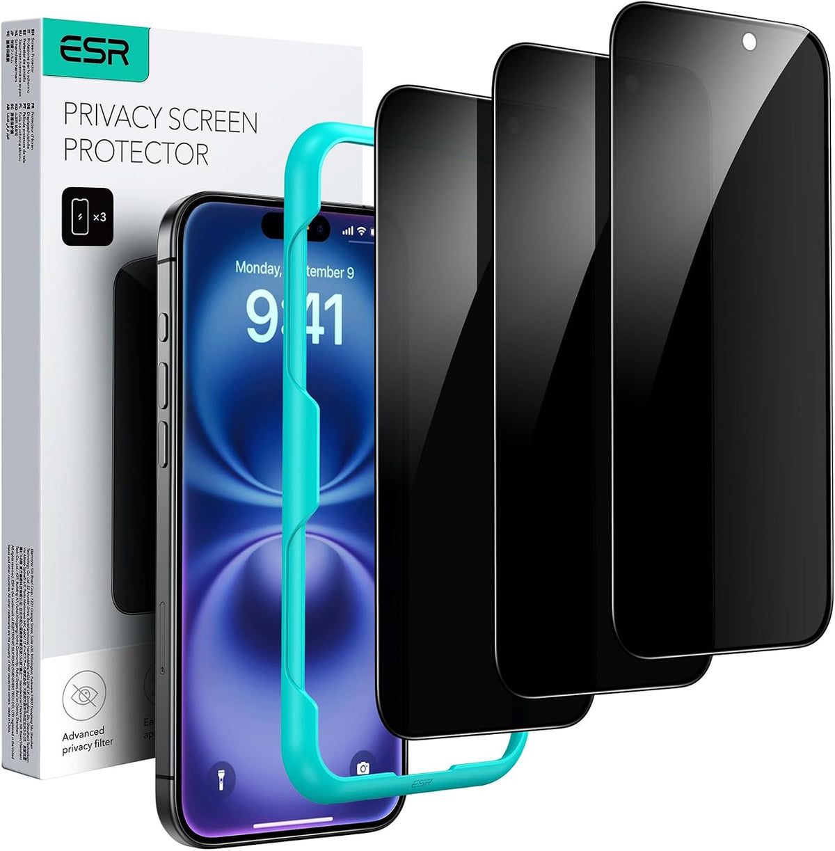 B0CMTP674D | ESR 3 Pack for iPhone 16 Plus/15 Plus Privacy Screen Protector, Align Frame | 3 Pack Privacy | Image 1