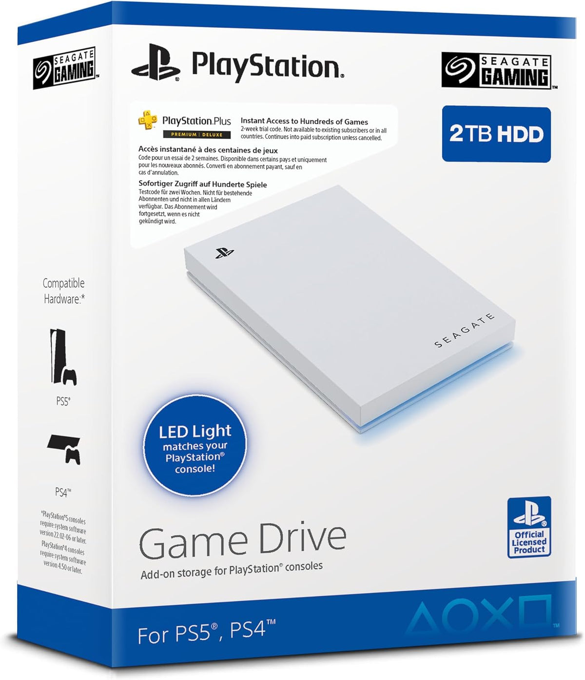 Seagate Game Drive for PS4/PS5, 2 TB, External HDD, 2.5", USB 3.0, Officially Licensed, Blue LED, inkl 2 veckors Playstation+ (STLV2000202) — product image 1
