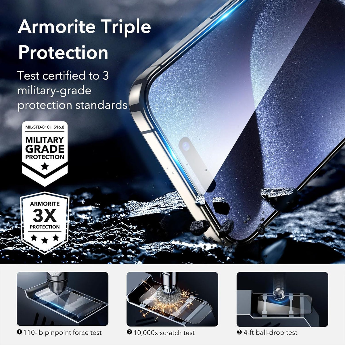 B0CRYNT67Z | ESR 3+2 Pack Armorite Screen Protector Set for iPhone 15 Pro Max, Black Edge Ultra-tough Tempered Glass Film with Flawless Fit Tray, 3-Pack with 2 Set of Individual Camera Lens Protector | Default Title | Image 4