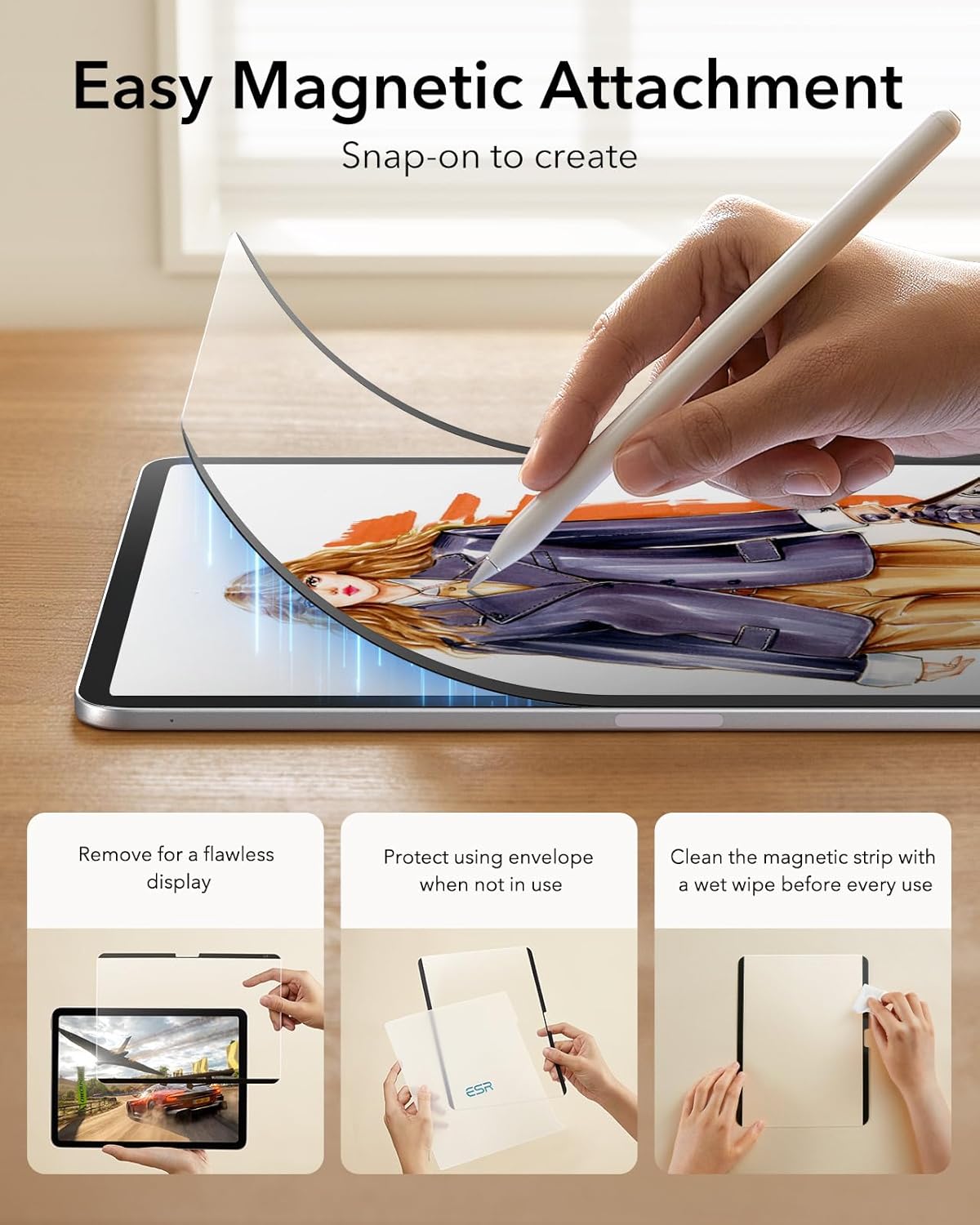 B0CSYK48JS | ESR for iPad Pro 13 Inch M4 Paper-Feel Magnetic Screen Protector 2024, Write and Draw Like on Paper, Detachable and Reusable, Compatible with Tempered Film, Matte Finish | Paper-Feel Magnet | Image 4