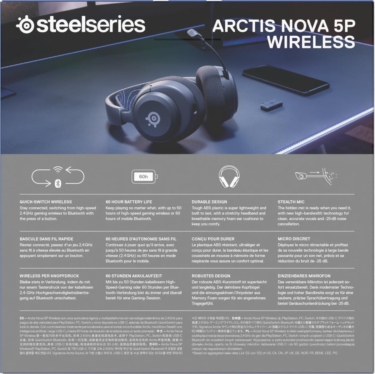 SteelSeries Arctis Nova 5P Wireless - PS5 Gaming Headset - 100+ Audio Presets via App - Neodymium Magnetic Drivers - 60H Battery - 2.4GHz / BT - ClearCast Gen2.X Mic - Supports PS4, PC, Switch, Mobile — product image 13
