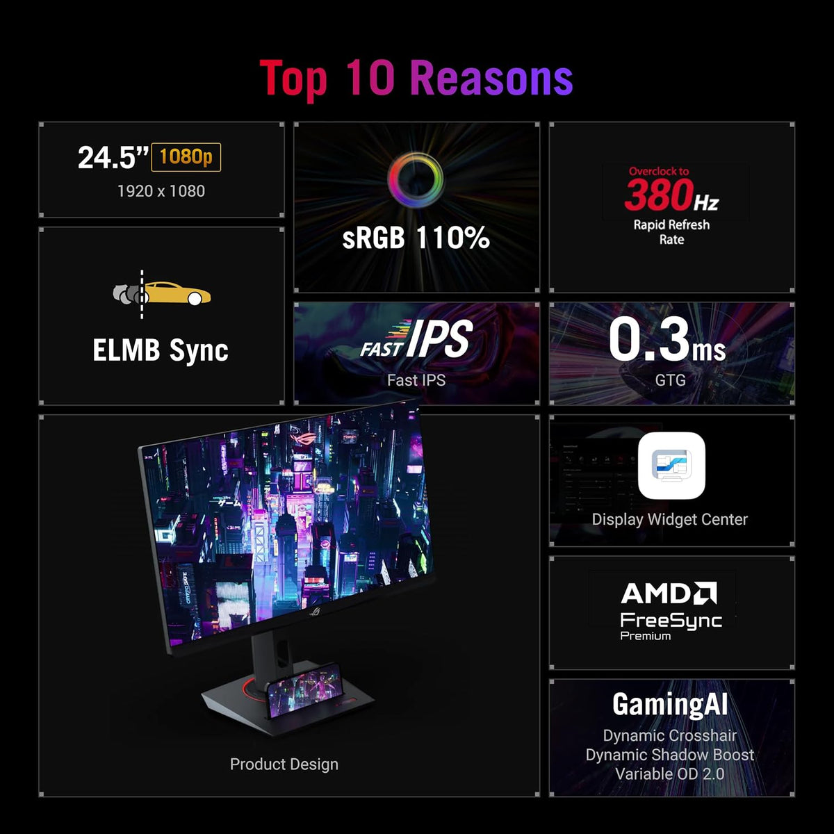 ASUS ROG Strix XG259QNS eSports Gaming Monitor: 25 inch (24.5 inch viewable) FHD (1920 x 1080), 380 Hz (OC), Fast IPS, 1 ms GTG (0.3 ms minimum), HDR, DisplayWidget Center - Black — product image 4