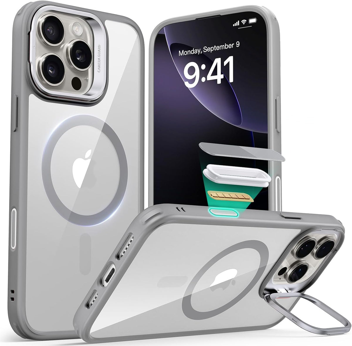 B0D7ZSZGDS | ESR for iPhone 16 Pro Max Case, Compatible with MagSafe, Built-in Stash Stand Phone Case, Military-Grade Protective Case, Scratch-Resistant Back Cover, Classic Series, Clear Grey | Default Title | Image 1