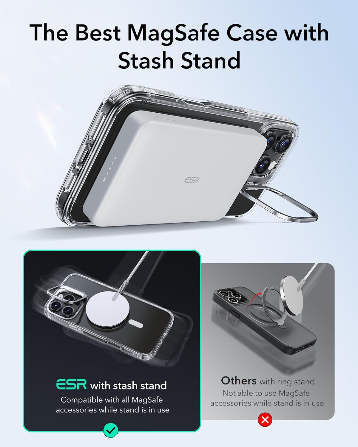 B0D7ZSZGDS | ESR for iPhone 16 Pro Max Case, Compatible with MagSafe, Built-in Stash Stand Phone Case, Military-Grade Protective Case, Scratch-Resistant Back Cover, Classic Series, Clear Grey | Default Title | Image 4