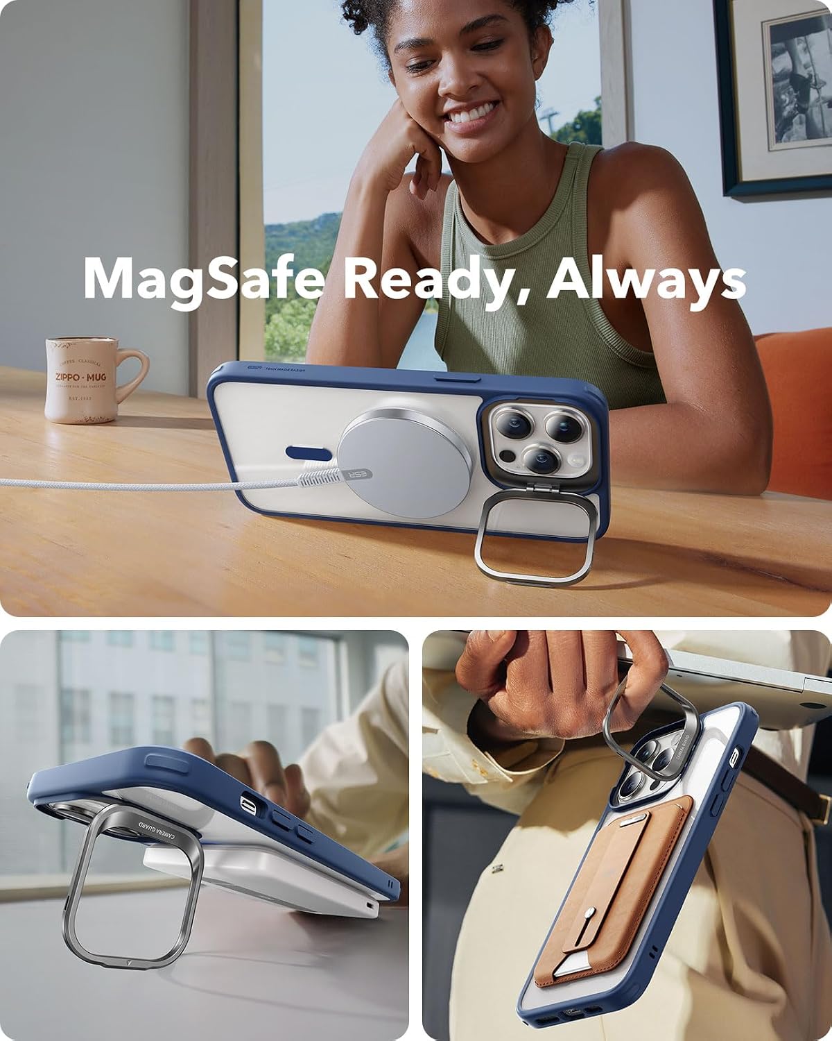 B0D9BB9GDC | ESR for iPhone 14 Pro Max Case, Compatible with MagSafe MagSafe Supports Magnetic Wireless Charging, Built-in Camera Ring Stand, Classic Kickstand Cover for iPhone 14 Pro Max, Clear Blue | Default Title | Image 4