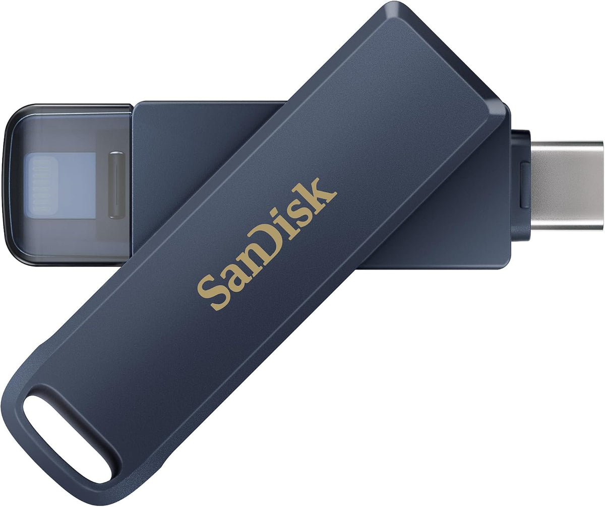 SanDisk Phone Drive, Flash Drive 2-in-1, iPhone Storage 128GB (for iPhone, iPad, PC & Mac, Automatic Backup, Lightning and USB Type-C Port, Passort Protection, Encryption) Metallic Sky — product image 1