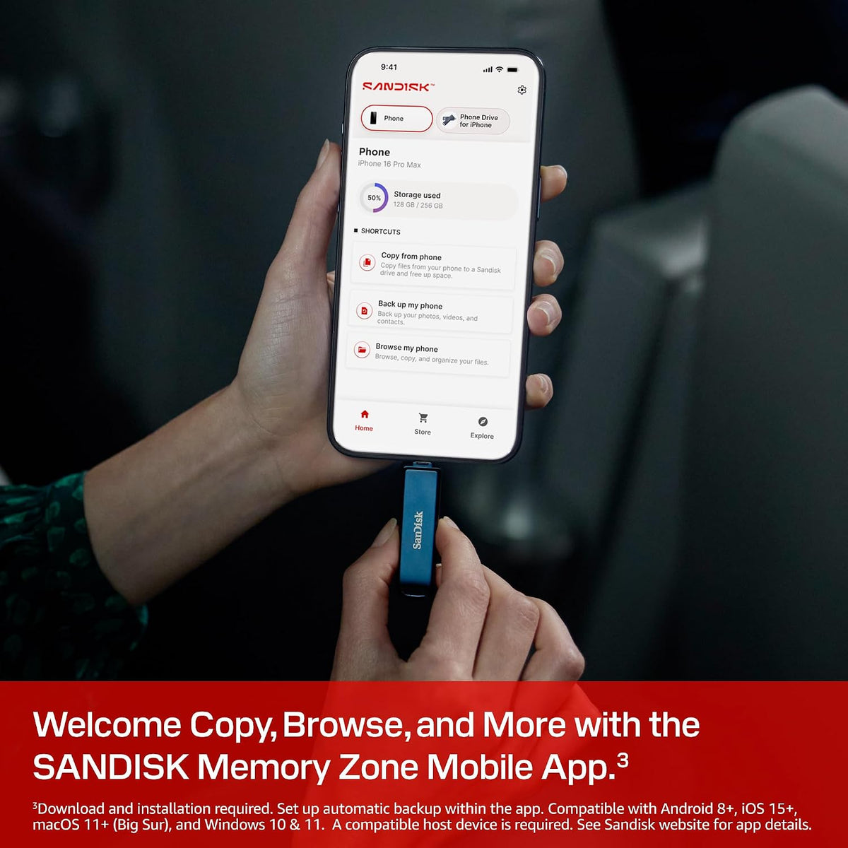 SanDisk Phone Drive, Flash Drive 2-in-1, iPhone Storage 128GB (for iPhone, iPad, PC & Mac, Automatic Backup, Lightning and USB Type-C Port, Passort Protection, Encryption) Metallic Sky — product image 5