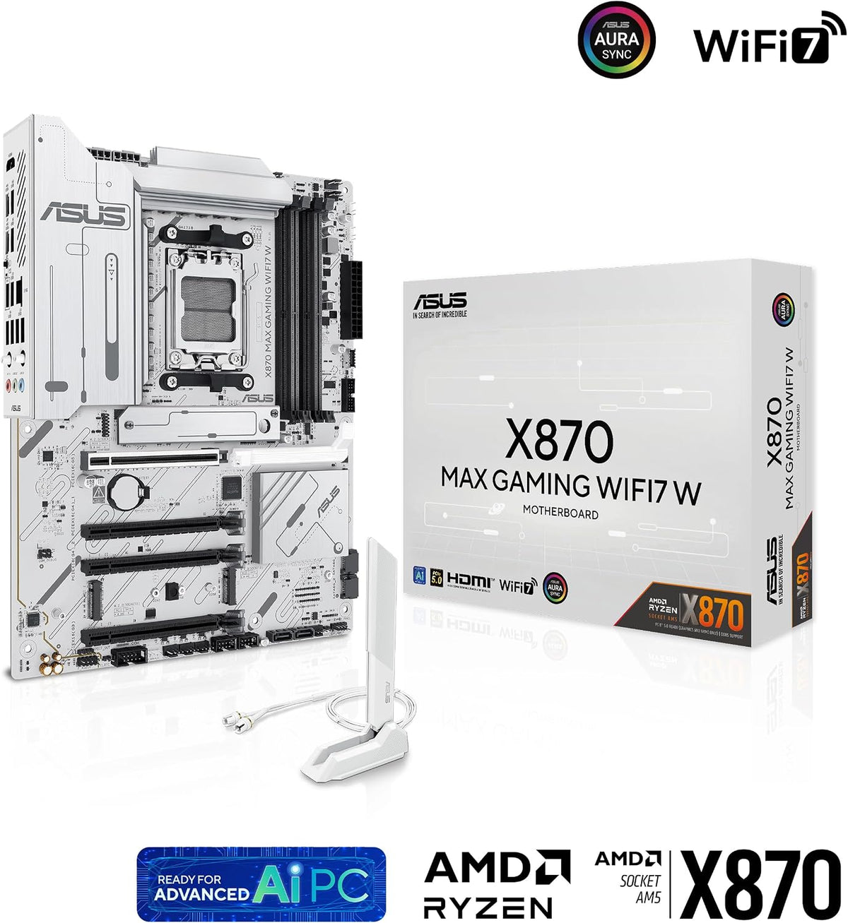 ASUS X870 MAX GAMING WIFI7 W AM5 ATX Motherboard, AMD X870 Chipset, 4x DDR5 DIMM Slots, Up to 256GB Max Memory, 1x PCIe 5.0 x16, 3x M.2 Slots, Wi-Fi 7 & Bluetooth v5.4, White — product image 2