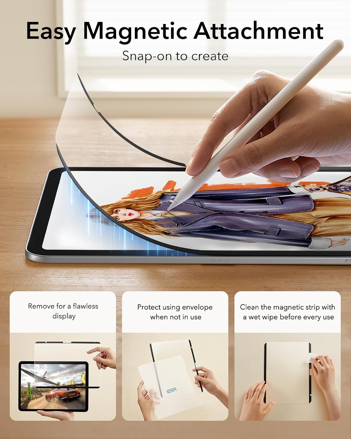 B0DSPKVPDL | ESR [2 Pack] Magnetic Paper Touch Screen Protector for iPad 11/10th Generation A16 (11/10.9", 2025/2022), Write and Draw Like Paper, Removable and Reusable, Compatible | Magnetic to paper touch | Image 4