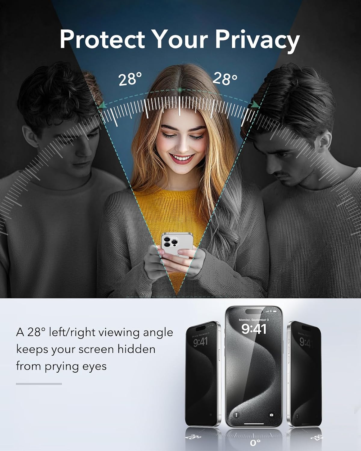 B0DTYPFLDW | ESR 3 Pack for iPhone 15 Pro Privacy Screen Protector, Classic | 3 Pack Privacy | Image 3