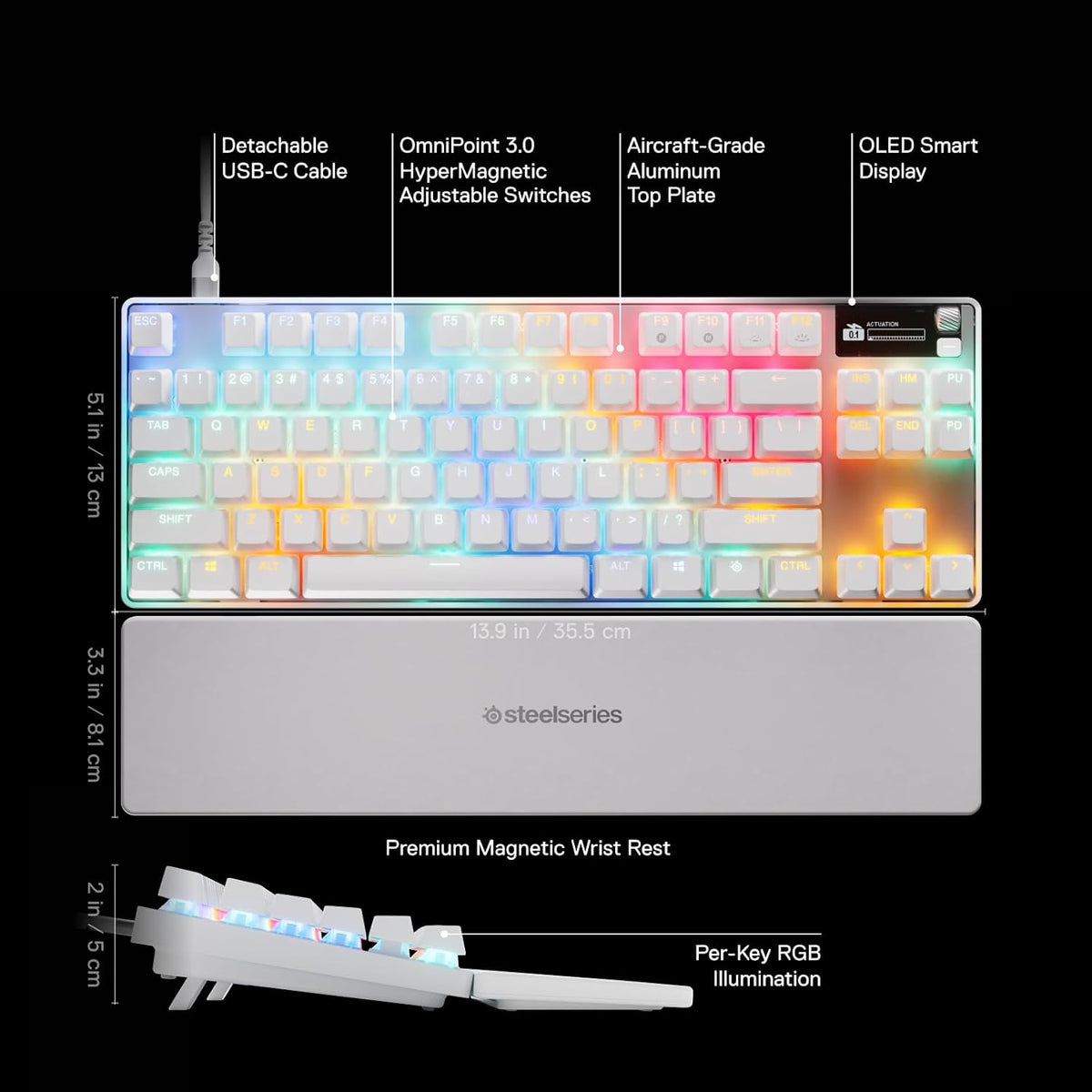 SteelSeries Apex Pro TKL Gen 3 White OmniPoint 3.0 Switches - Adjustable actuation - Rapid Trigger - Ready to play presets - Protection mode - Rapid Tap/SOCD- OLED -RGB - PBT caps -UK QWERTY — product image 3