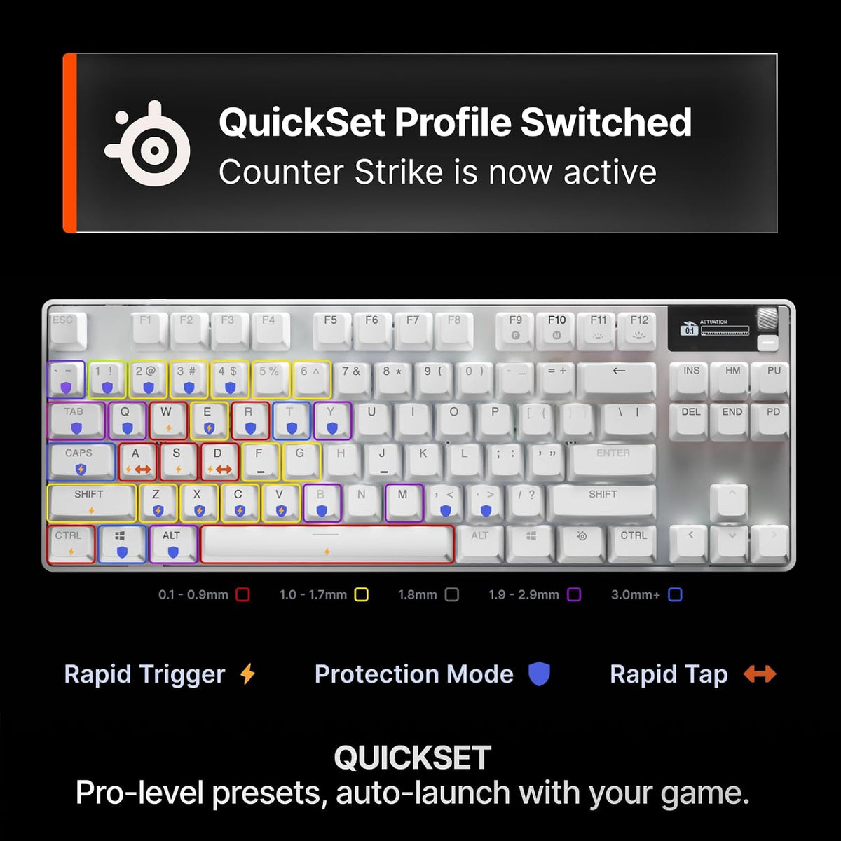 SteelSeries Apex Pro TKL Gen 3 White OmniPoint 3.0 Switches — Adjustable Actuation — Rapid Trigger — Game-Ready Presets — Protection Mode — Rapid Tap/SOCD — OLED — RGB — PBT Keycaps — USB-C — product image 3