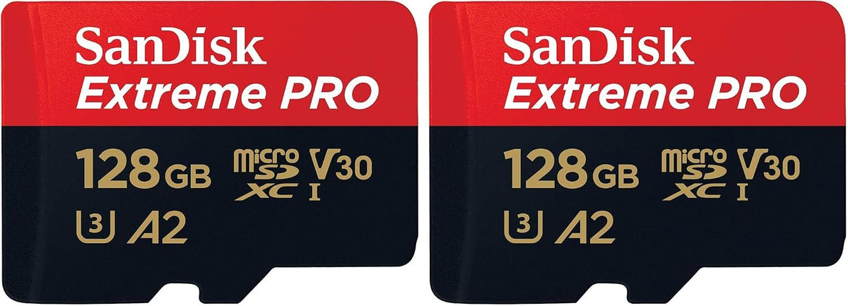 SanDisk 128GB Extreme Pro microSD UHS I Card for 4K Video on Smartphones, Action Cams & Drones 200MB/s Read, 90MB/s Write, SDSQXCD 128G GN6MA, Red/Black (Pack of 2) — product image 1