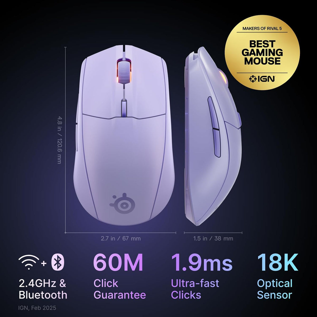 SteelSeries Rival 3 Wireless Gen 2 Gaming Mouse - 2.4GHz and Bluetooth - 18,000 DPI TrueMove Air Optical Sensor - 60 Million Clicks Guaranteed - Ultralight - PTFE Gliding Feet - Lavender — product image 2