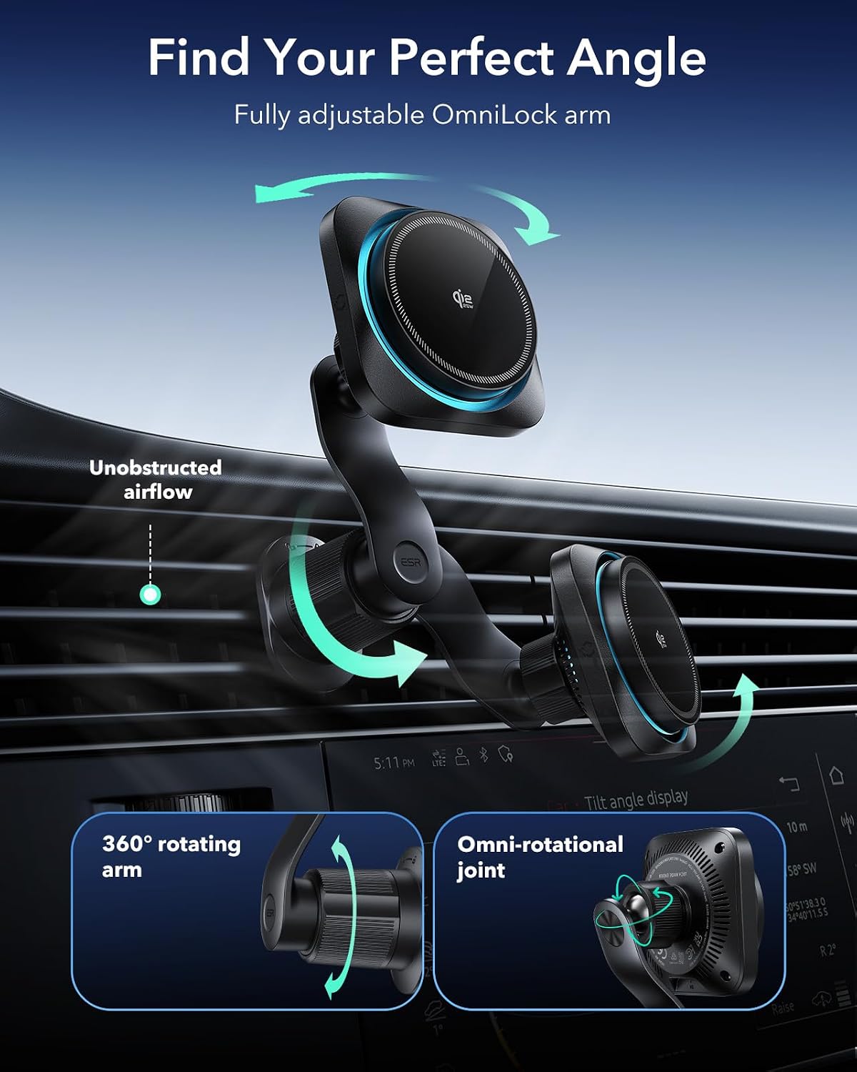 B0F6CPCZWJ | ESR OmniLock Qi2.2 25W Certified MagSafe Car Mount Charger with Cryoboost | Black | Image 4