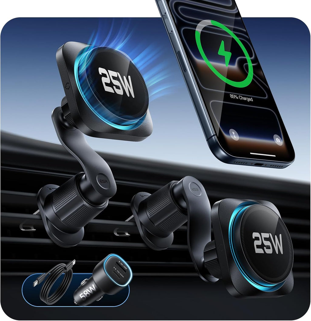 B0F6CPCZWJ | ESR OmniLock Qi2.2 25W Certified MagSafe Car Mount Charger with Cryoboost | Black | Image 1
