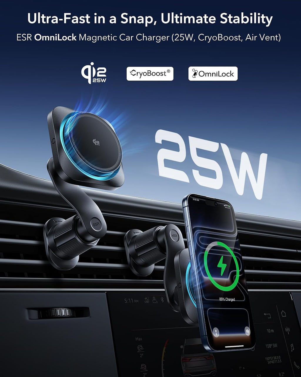 B0F6CPCZWJ | ESR OmniLock Qi2.2 25W Certified MagSafe Car Mount Charger with Cryoboost | Black | Image 2