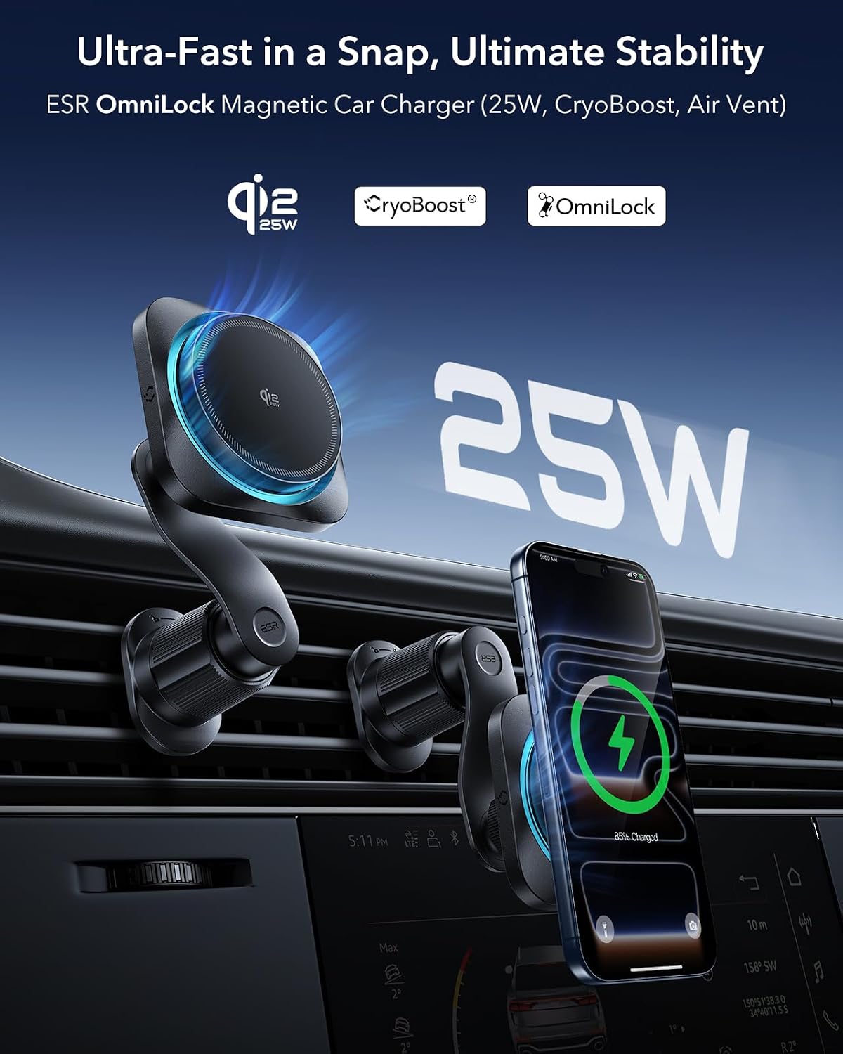 B0F6CPCZWJ | ESR OmniLock Qi2.2 25W Certified MagSafe Car Mount Charger with Cryoboost | Black | Image 2