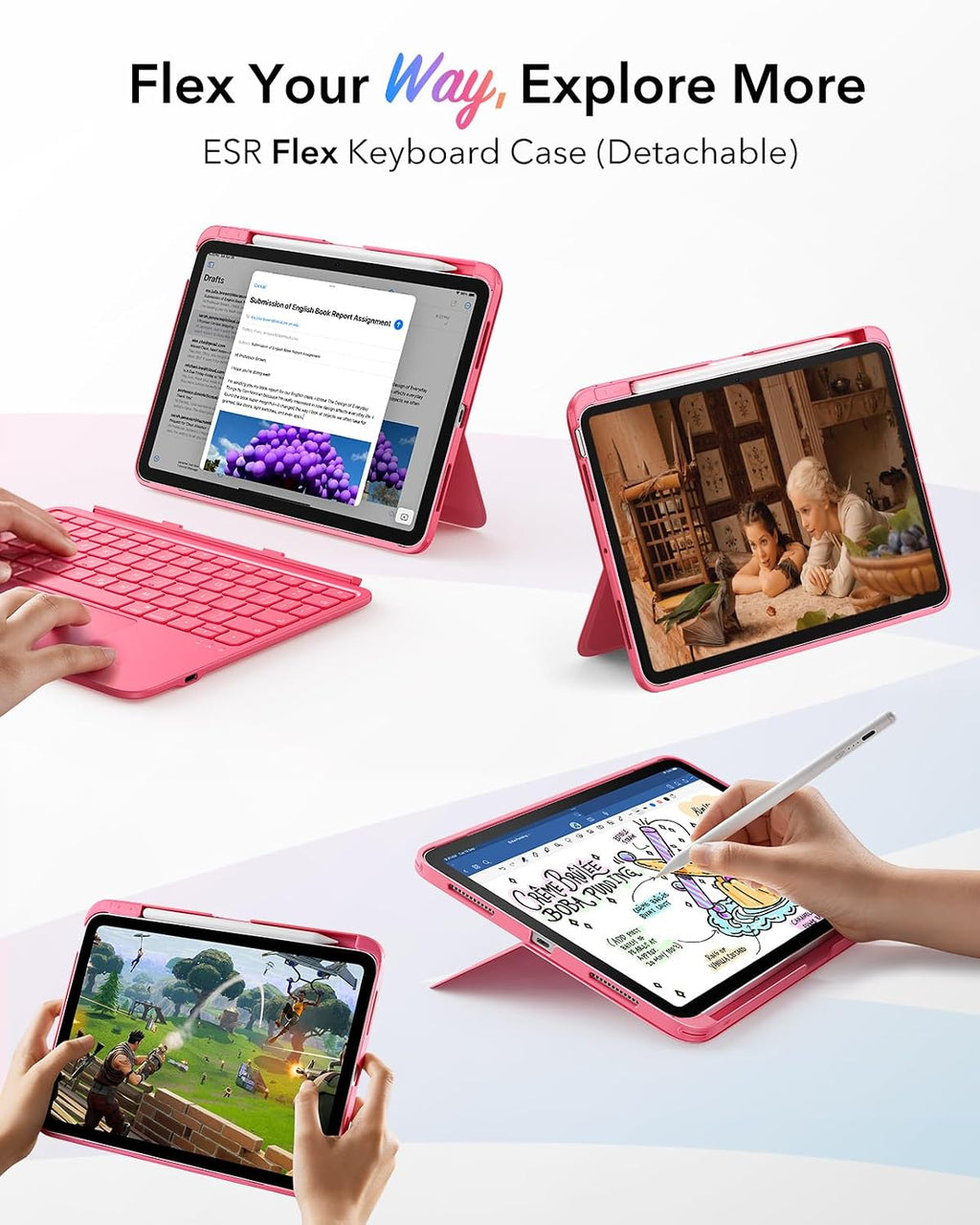 B0F6LLCZSN | ESR iPad 11th (A16) 2025/10th Gen Flex Keyboard Case, Ultra-Light Magnetic Detachable Keyboard with Writing/Viewing Modes, Larger Precision Trackpad, Pink | Pink | Image 3
