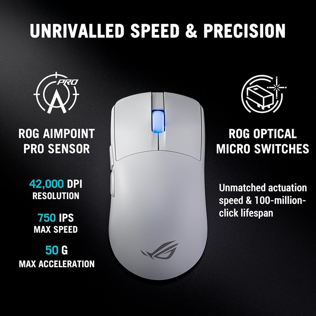 ASUS ROG Harpe II Wireless Esports Gaming Mouse, 48g Lightweight, Symmetrical, AimPoint Pro 42K Optical Sensor, Optical Switches, 8K Polling, 5 Programmable Buttons, FPS Games (Moonlight White) — product image 5