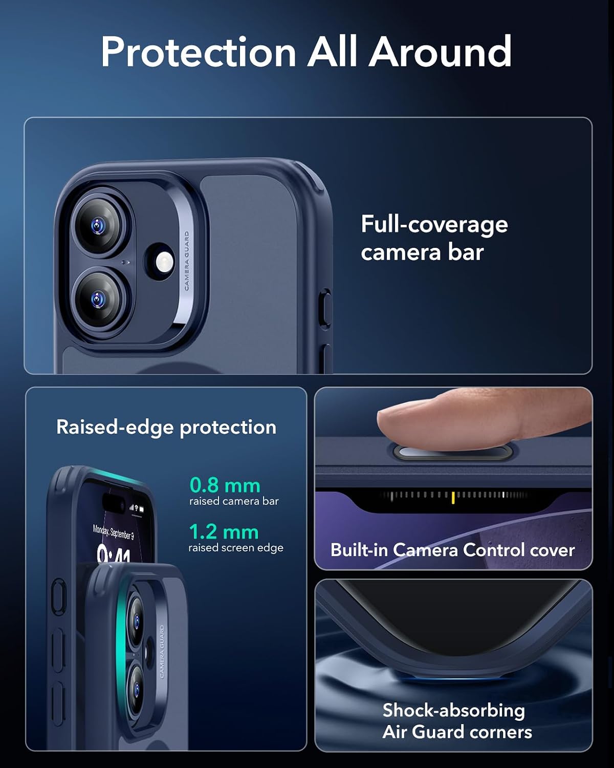B0FCYC511H | ESR IPhone 17 Halolock Classic Hybrid Camera Control Button, Raised-Edge Protection,Powerful Protection, Effortless MagSafe Clear Frosted Blue/Clear Frosted Black | Clear Frosted Blue | Image 3
