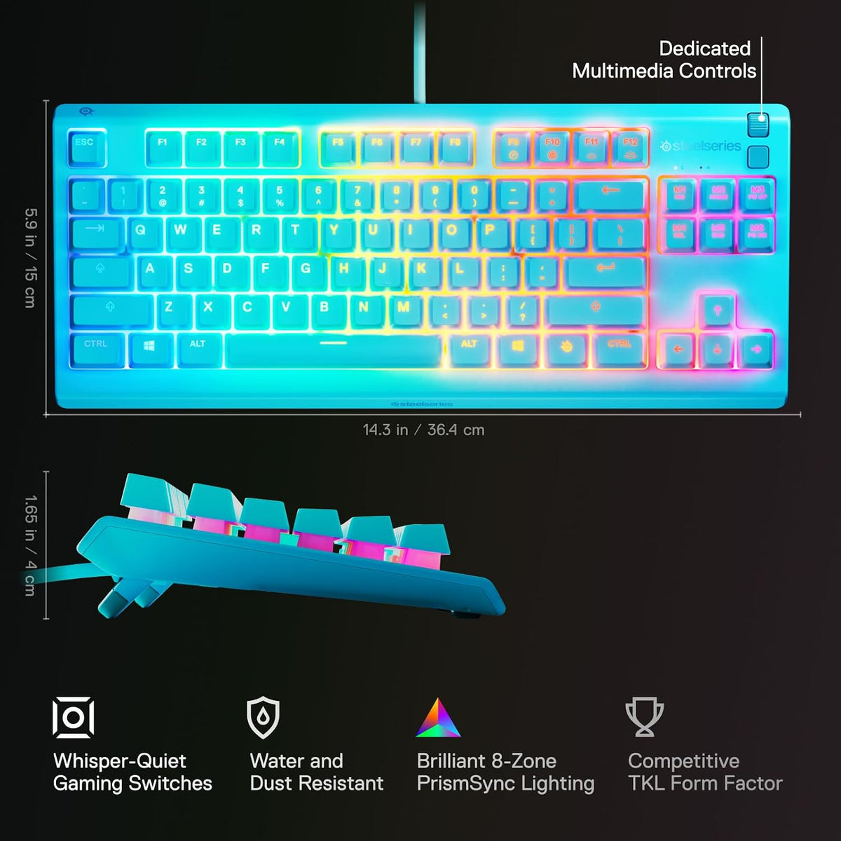 SteelSeries Apex 3 TKL Aqua RGB Gaming Keyboard — Tenkeyless Compact Form Factor — 8-Zone RGB Illumination — Water and Dust Resistant — Whisper-Quiet Gaming Switch — product image 3