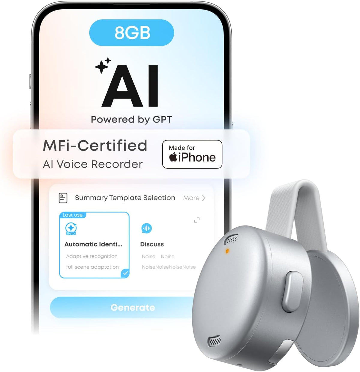 B0FKN9R7P1 | soundcore Work by Anker, Portable AI Voice Recorder, AI Note Taker, 64 GB Storage, AI Transcription & Summarization, Cross-Meeting Summary, MFi Certified, Privacy Protection, White | White | Image 1